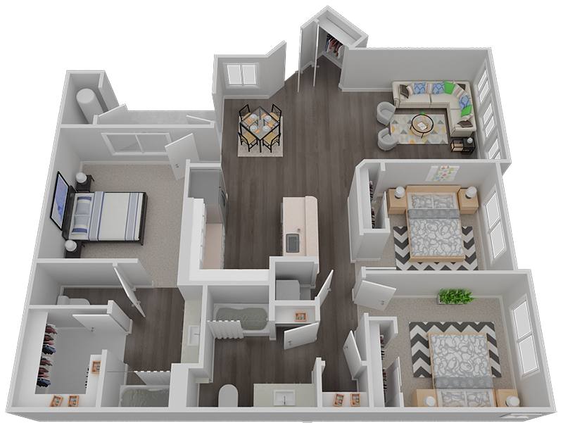 Floor plan for 3 beds, 2 baths, 1303 sqft